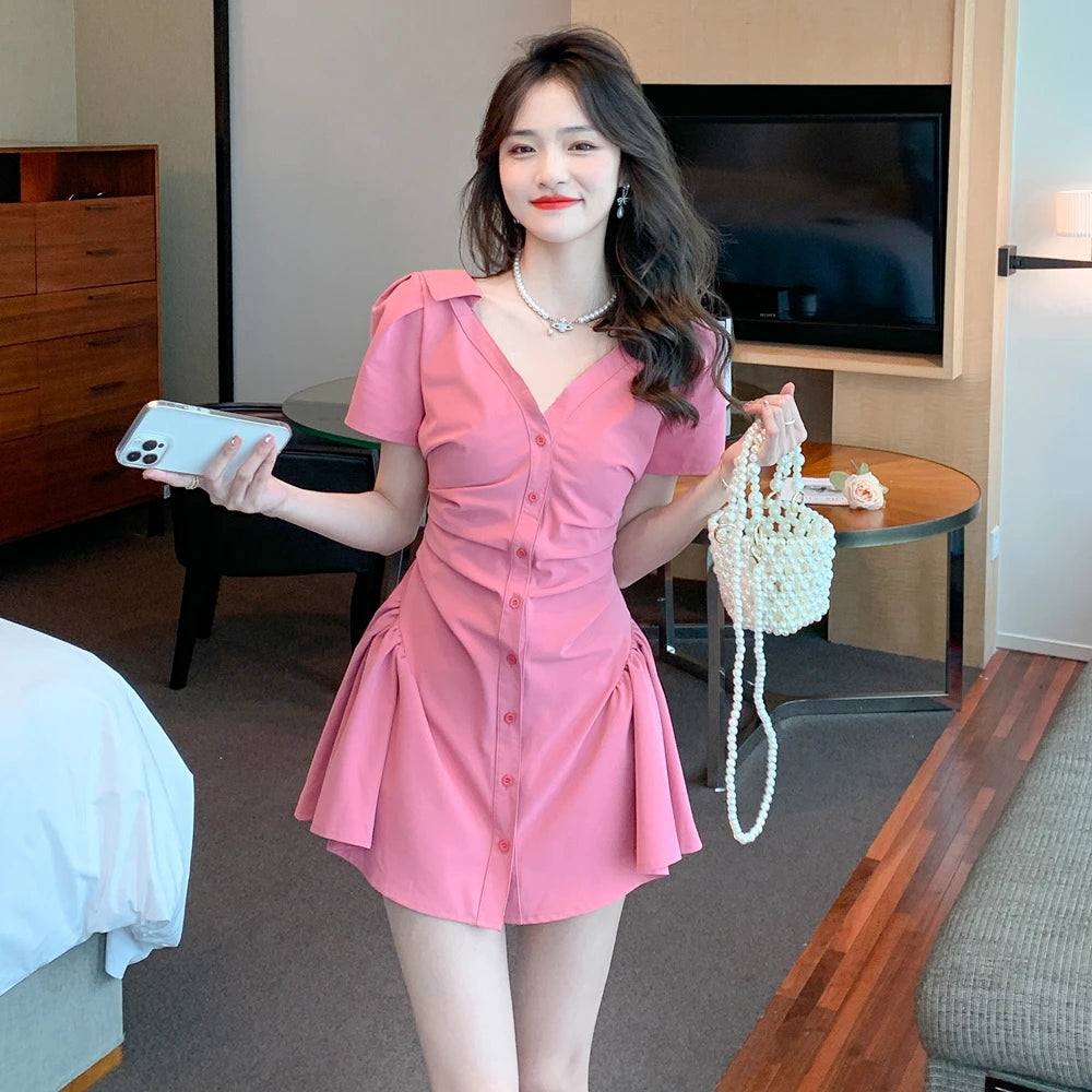 Women Dress 2022 Summer New Net Red Sexy V Neck Short-sleeved Fold Waist Thin Dress Short Single-breasted Shirt Dress Pure Color - Seprincess