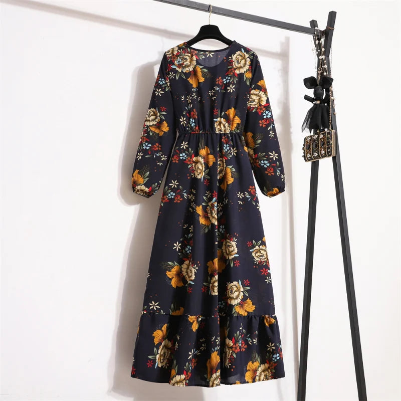 Autumn Spring Chiffon Dress Women Maxi Dresses VestidoesFashion Female Full Sleeve Vintage Printed Floral Casual Long Dresses - Seprincess