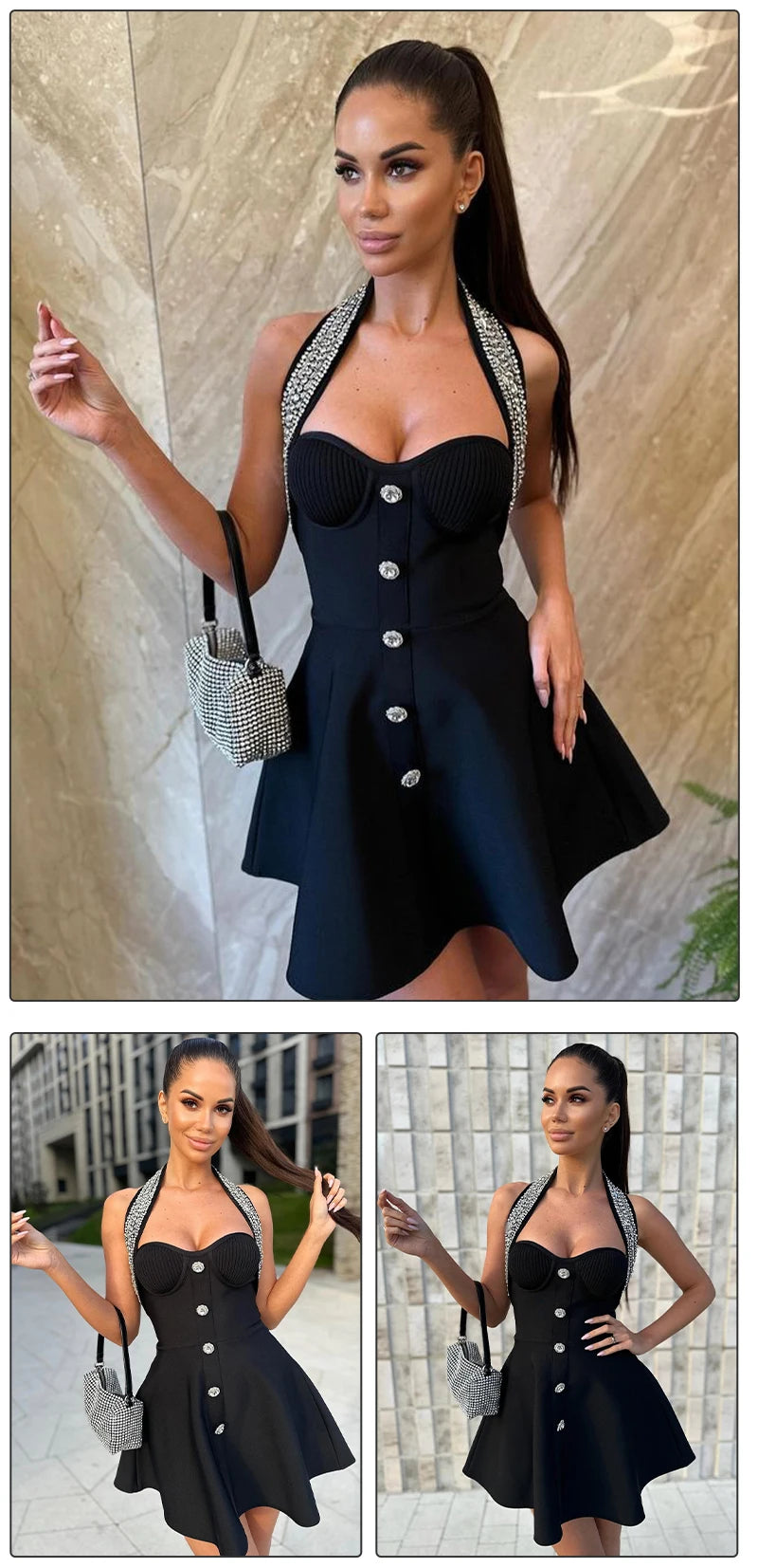 VC Fashion Summer Womens Dresses 2024 Luxury Diamond Halter Sleeveless Black Bandage A-Line Short Dress - Seprincess