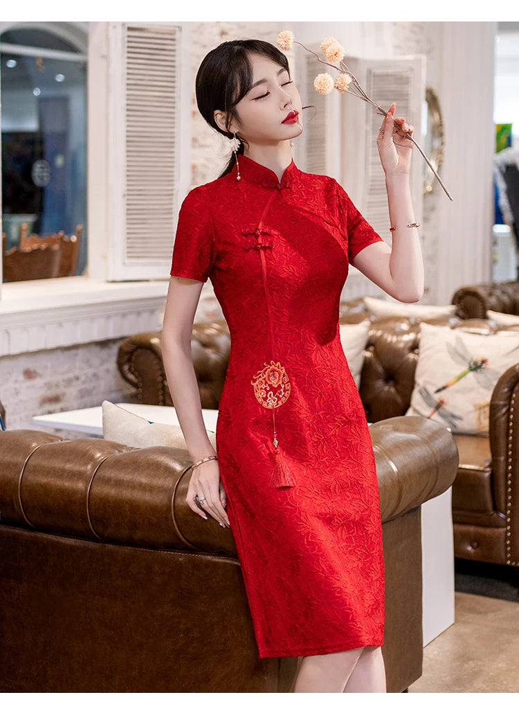 Chinese Traditional Retro Red Modern Improved Cheongsam Summer New Short Sleeve Engagement Qipao Dress - Seprincess