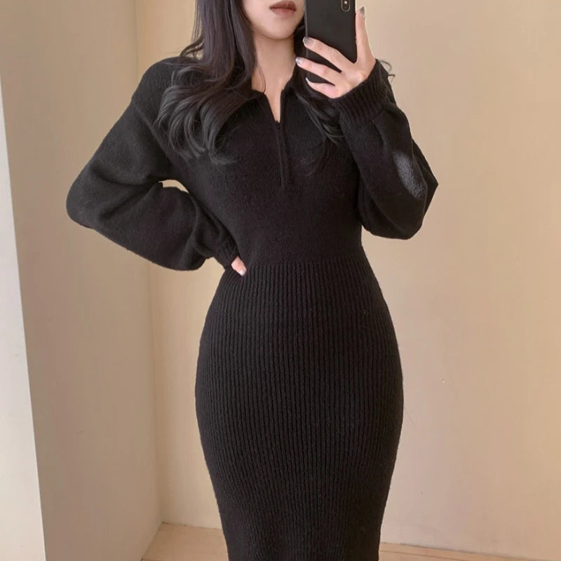 Vintage Long Sleeve V-neck Knitted Sweater Midi Dresses for Women Zipper Lapel Elegant Warm Bodycon Dresses Autumn Winter 2024 - Seprincess