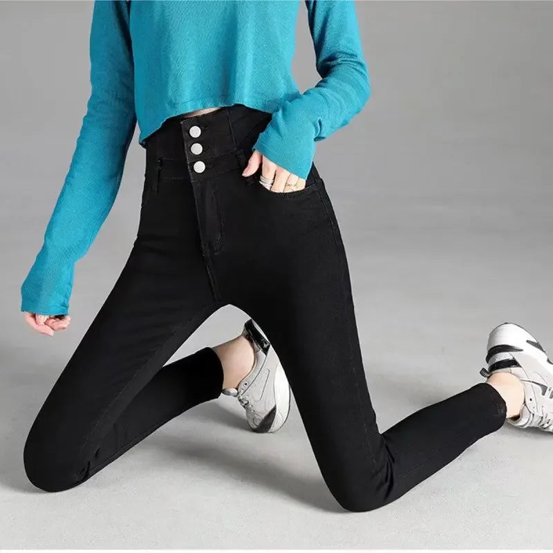 Thickened High-waisted Fleece-lined Jeans Women's Black Grey Slimming Winter 2021 New Style Tightening Integrated Velvet Pants