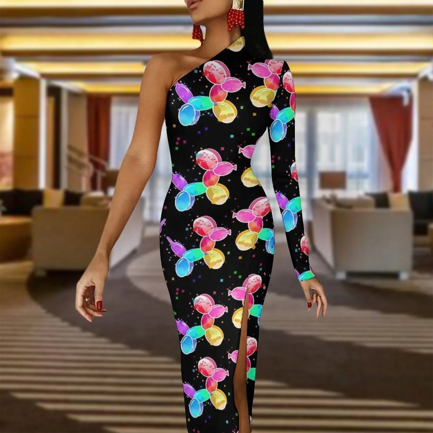 Watercolor Balloon Dogs Maxi Dress Long Sleeve  Sexy Bodycon Dress Spring Aesthetic Long Dresses Female Design Clothing - Seprincess