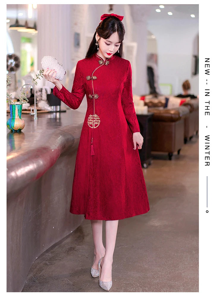 Retro Chinese Traditional Red Wedding Qipao Dress Modern Improved Long Sleeve Embroidered Cheongsam Plus Size Women Clothing CNY - Seprincess