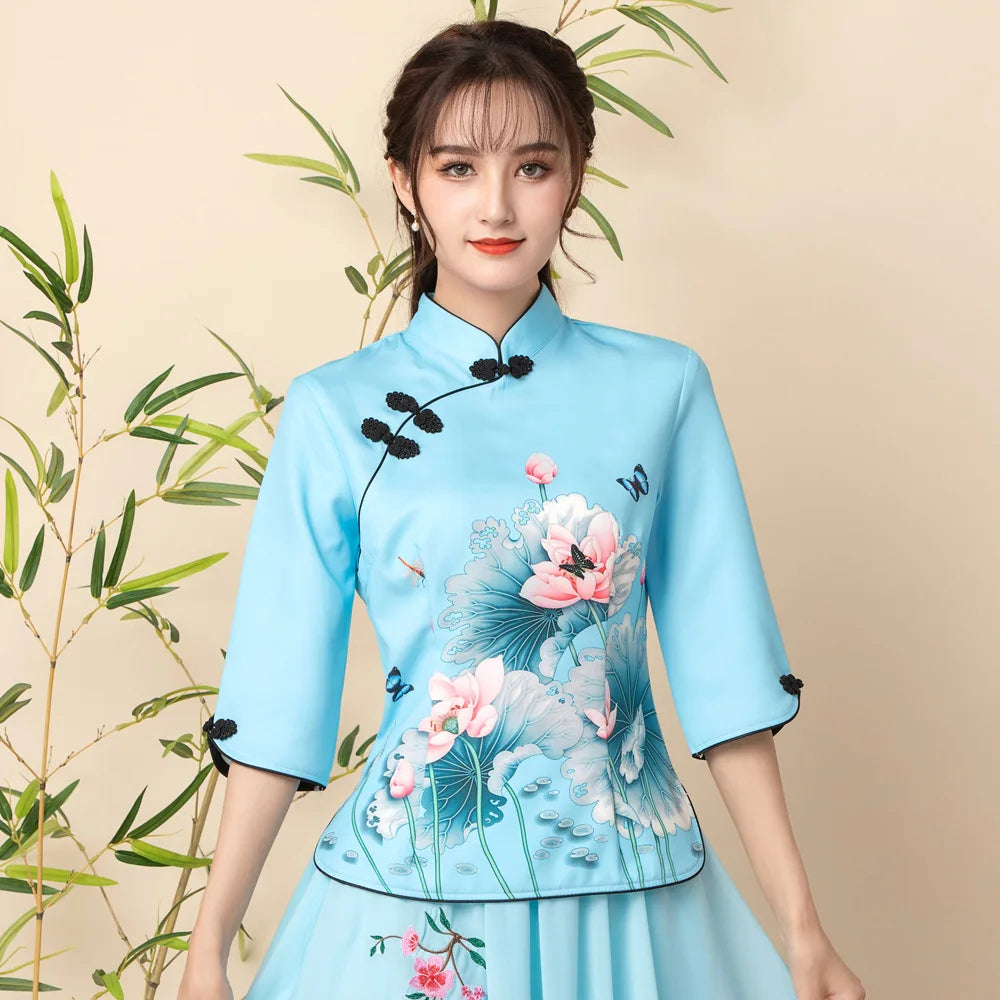 2023 Two Piece Cheongsam Chinese Dress Elegant Vintage Floral Print Modern Cheongsam Women Daily Qipao Dress Traditional Clothes - Seprincess