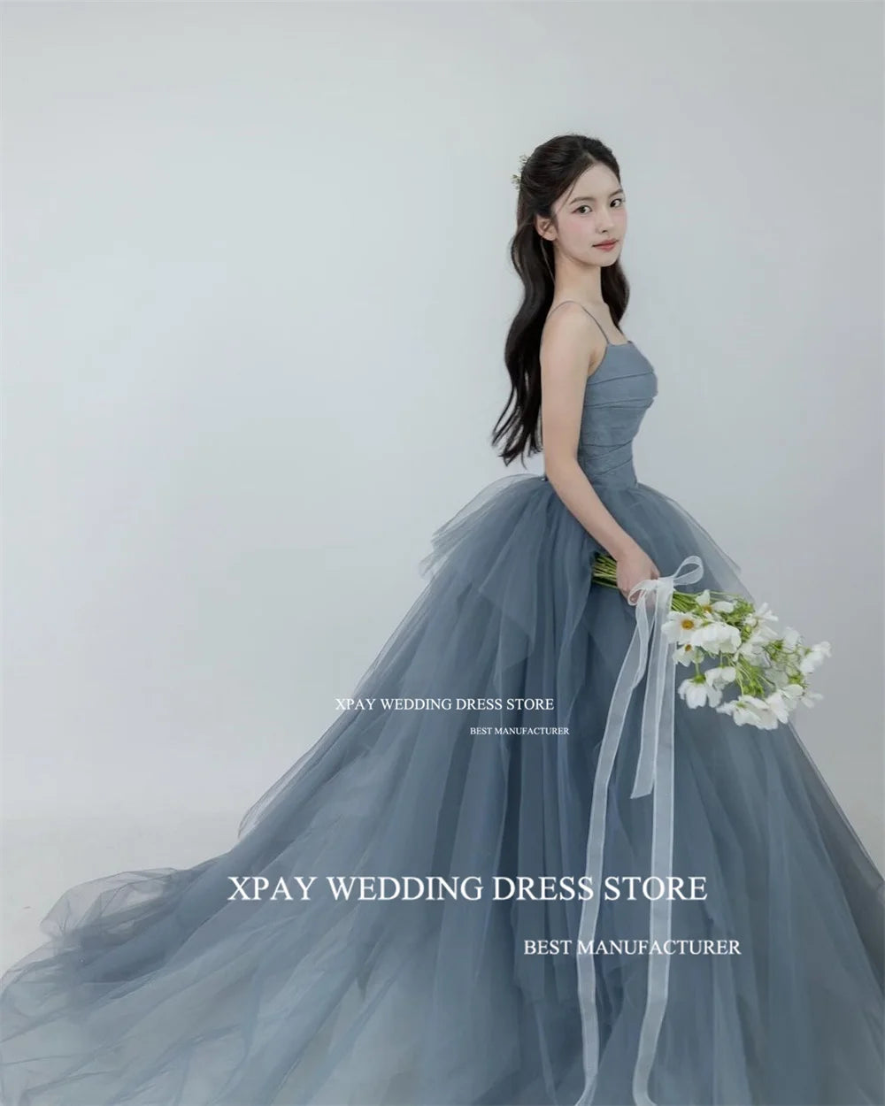 XPAY Elegant Dusty Blue Korea A Line Evening Dresses Photo Shoot Ruffles Tiered Fairy Tulle Evening Gown Corset Prom Party Dress - Seprincess