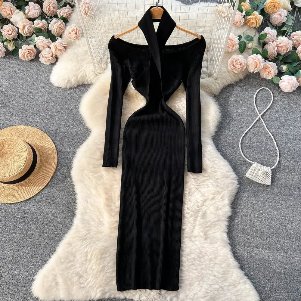 Autumn Winter Women Long Dress Elegant Halter Slim Waist Knitted Bodycon Dress Korean Office Lady Sweater Dresses Vestidos - Seprincess