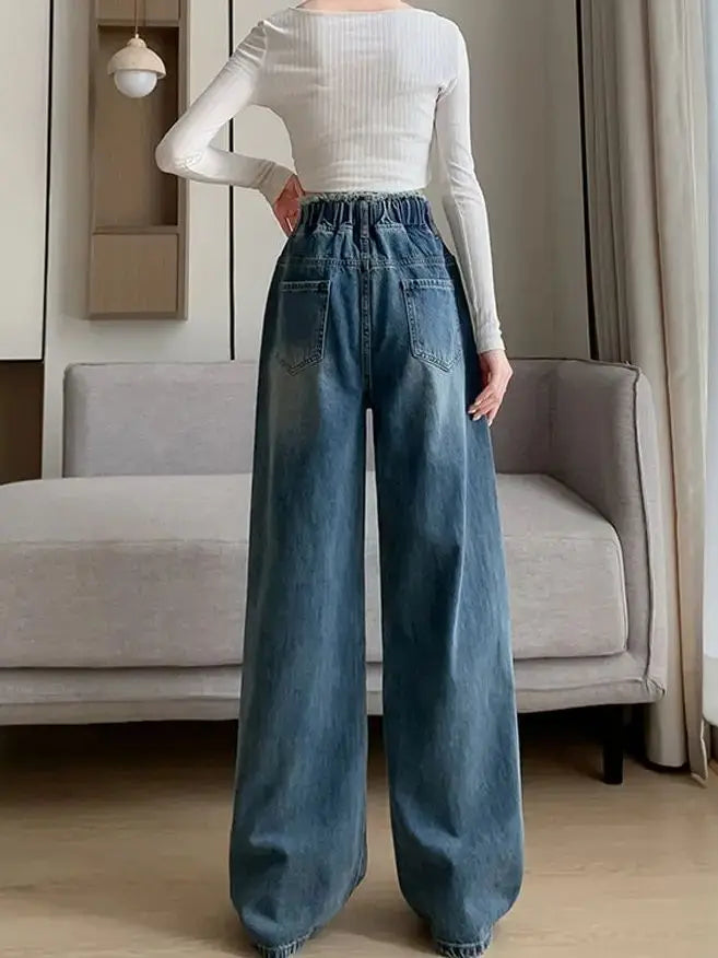 Large Size Denim Trousers Women Trailing Straight Wide Leg Loose High Waisted Slim Lace Tassel Higher Pants