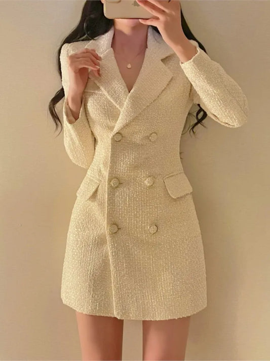 Elegant Tweed Blazer Dress Double Breasted Slim Short Dresses for Women Korean Fashion Office Lady Coat Dress Autumn Winter New - Seprincess