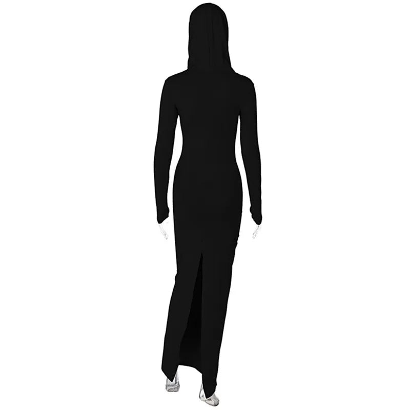 Simenual Solid Casual Hooded Long Sleeve Maxi Dress Fashion Elegant Women Hem Split Bodycon Dresses Y2K Basic Trim Streetwear - Seprincess