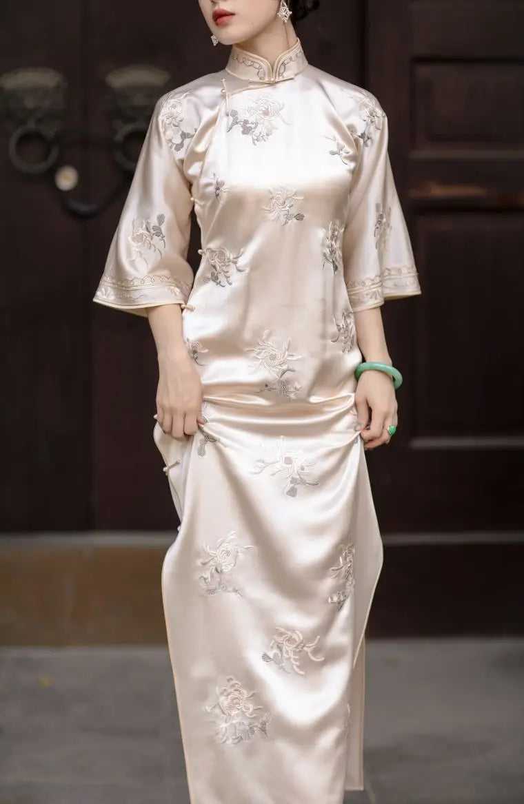 2024 vintage embroidery daily improved traditional qipao chinese style elegant gentle temperament dress classical silk cheongsam - Seprincess