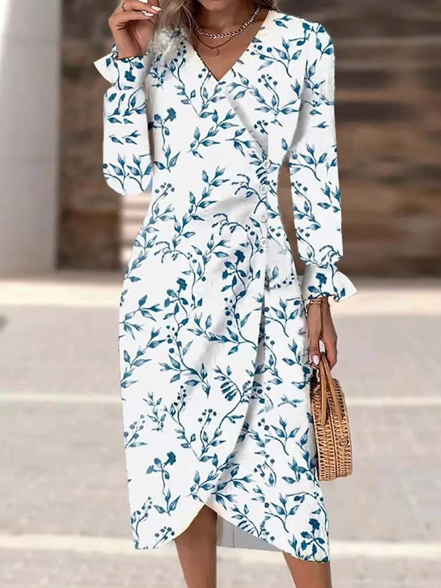 Spring Floral Bodycon Midi Dress For Women V Neck Long Sleeve Ruched Slim Fit Dresses Female Sexy Vestido Robe - Seprincess