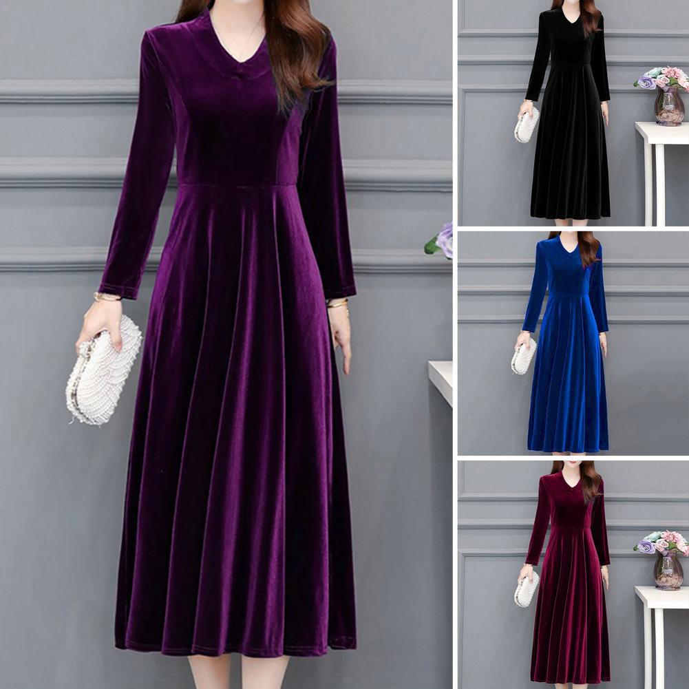 Velvet Vintage Women Maxi Dress OL Style Oversize Round Neck Long Sleeves Evening Dress 	Slim Fit Pleated Bodycon Prom Dress - Seprincess