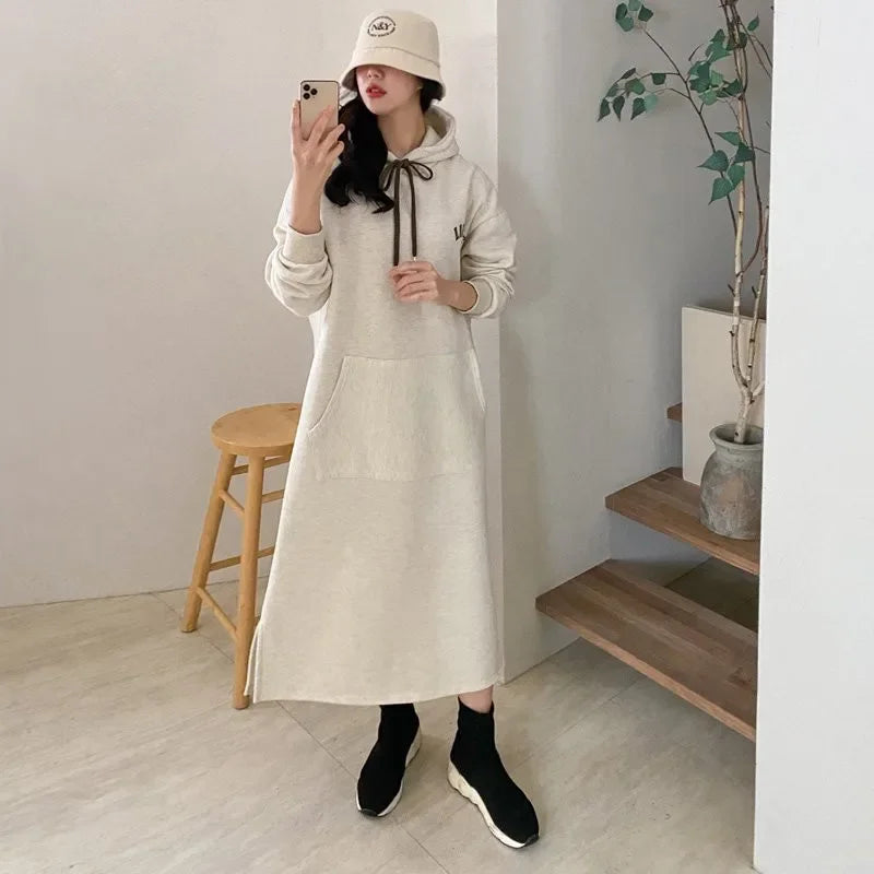 2023 Autumn/winter New Women's Fleece-lined Thickened Sweatshirt Hooded Dress Loose-fit Long Over-knee Korean Style - Seprincess