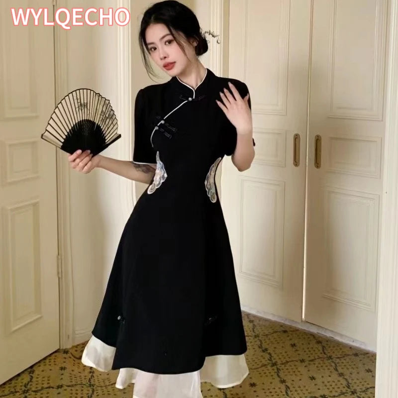 2023 Chinese Improved Hanfu Cheongsam Dress Women A Line Qipao New Fashion Style Short Sleeve Casual Daily Lady Cheongsam Dress - Seprincess