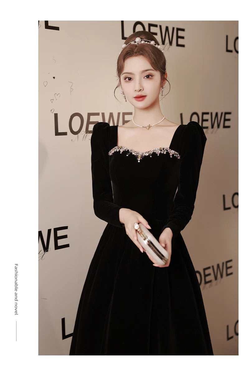 Black new light luxury small temperament banquet velvet long-sleeved dress - Seprincess