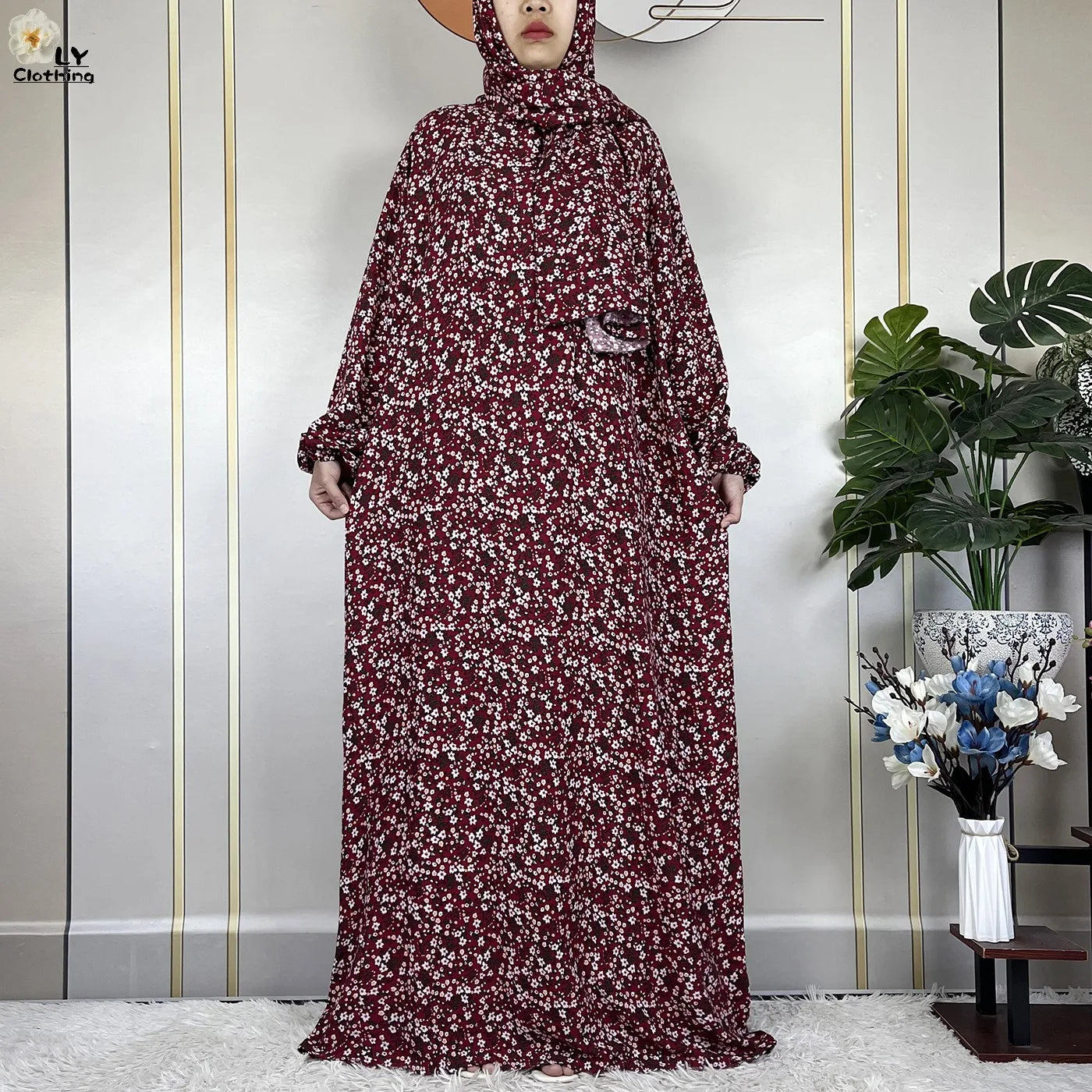 2024Latest Muslim Abayas For Women Ramadan Prayer Maxi Dubai Turkey Femme Cotton Robe Floral Loose African Dress Turban Attached