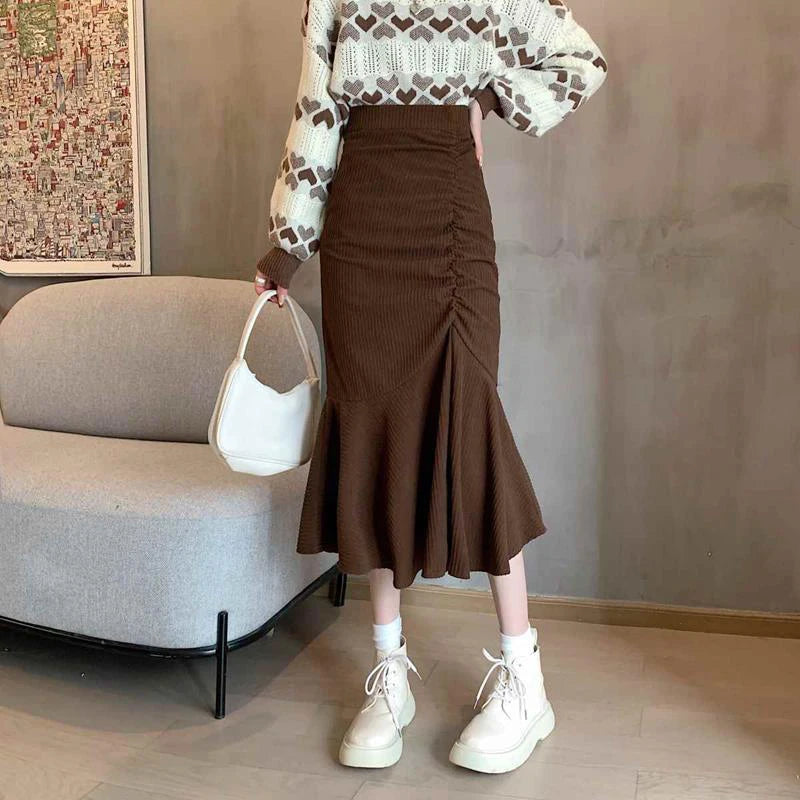 Lucyever Fashion High Waist Midi Skirts for Women 2023 Spring Slim Fit  Hip Mermaid Skirt Woman Korean Ruffles Brown Skirts 2XL - Seprincess