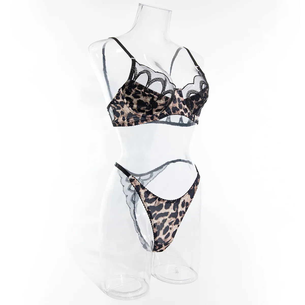 Bra Set Mesh see through leopard print thin tight strap sexy set lingerie women fancy underwear - Seprincess