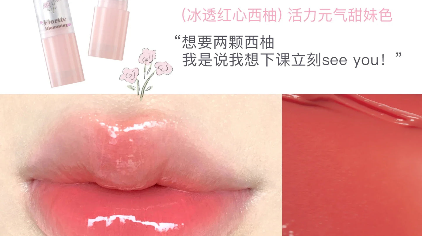 FLORTTE Lipstick Blooming Lovely Series Mirror Water Lip Glaze  Not Easy to Stick Cup Solid Lip Balm Cute Girls Makeup