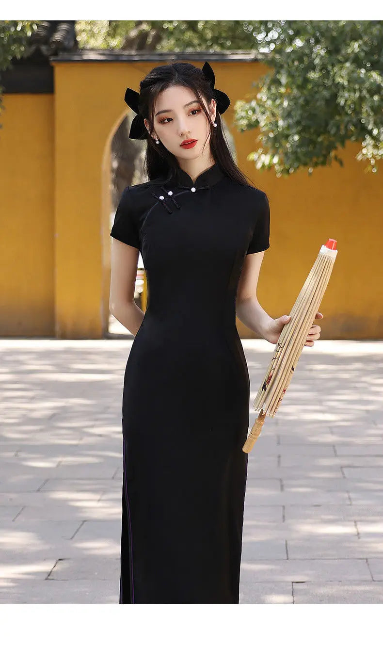 Chinese Dress Qipao Modern Women Black Slim Long Cheongsam Traditional Harajuku Hanfu Robe Orientale Vintage Vestido Mujer - Seprincess