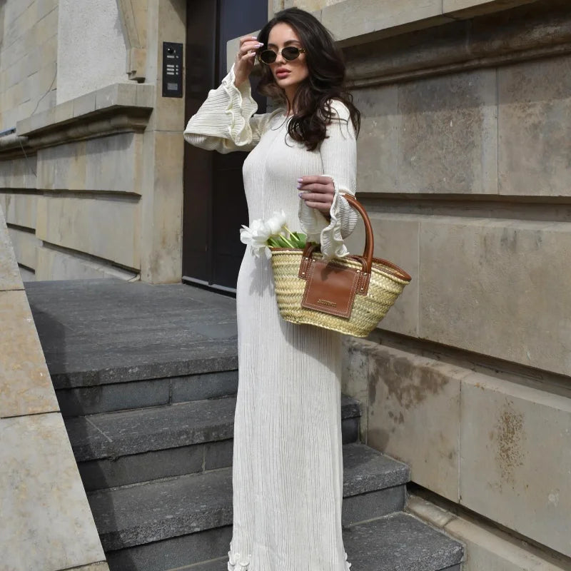 Fashion Solid Ruffles Pleated Loose Long Dress Women Elegant Round Neck Flare Long Sleeves Maxi Dresses Lady High Street Wear - Seprincess