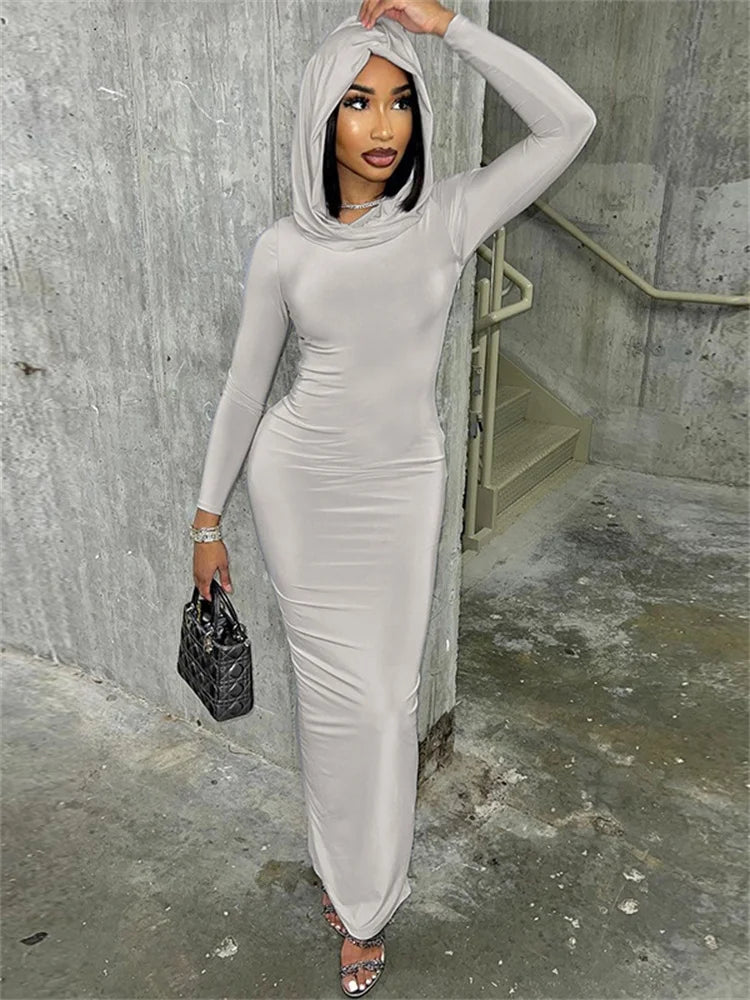 Simenual Solid Casual Hooded Long Sleeve Maxi Dress Fashion Elegant Women Hem Split Bodycon Dresses Y2K Basic Trim Streetwear - Seprincess