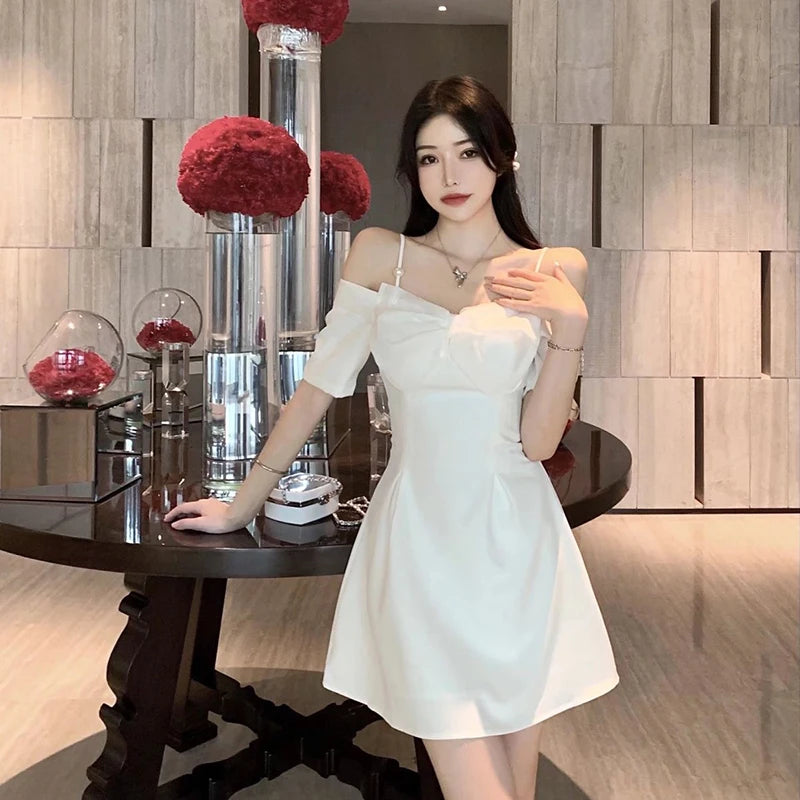 Zoki Bow Sexy Slash Neck Dress Women Summer Korean Elegant White Mini Dress Fashion All Match Party Night Camis Vestidos - Seprincess