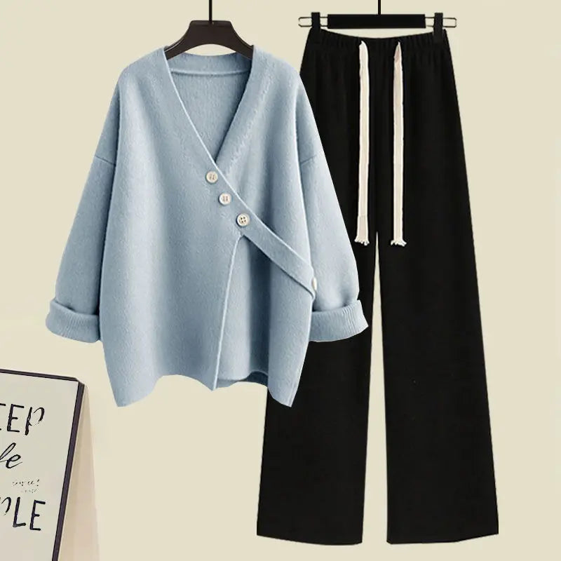 Women's Spring Autumn New Casual Matching Set Korean Elegant Irregular Knit Sweater+Loose Wide Leg Pants Two Piece Female Suit - Seprincess