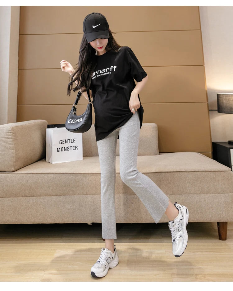 Spring Pregnant Woman Ankle-Length Pants Cotton Stretch Outside Wear Casual Maternity Boot Cut Thin Pregnancy Flare Trousers