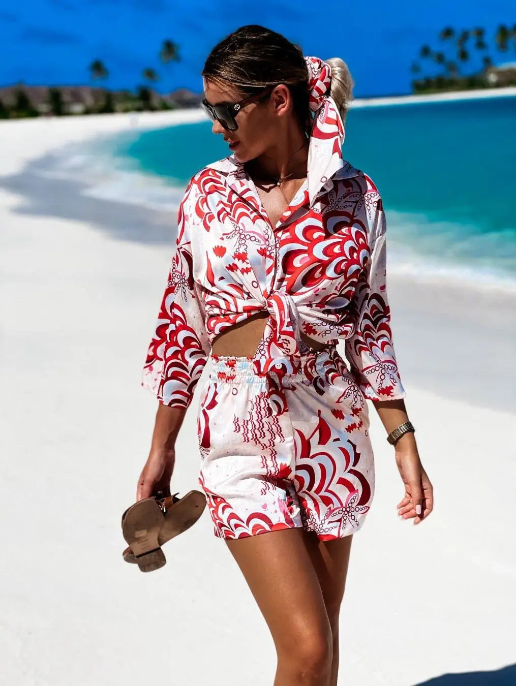 Women's Shirt Sets Fashion Printed Summer Long Sleeve Shirt + Shorts 2 Pieces Set 2023 Lady Vintage Holiday Beach Casual Outfits - Seprincess