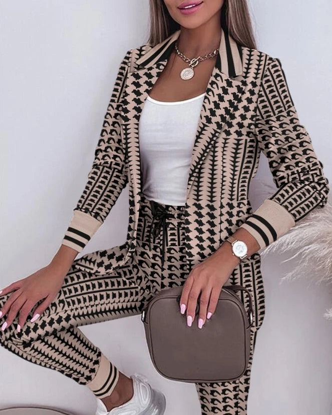 Women's Spring Double Breasted Blazer Office Pantsuit Striped Notched Collar Blazer Coat Drawstring Pants Set 2 Piece Set Female - Seprincess