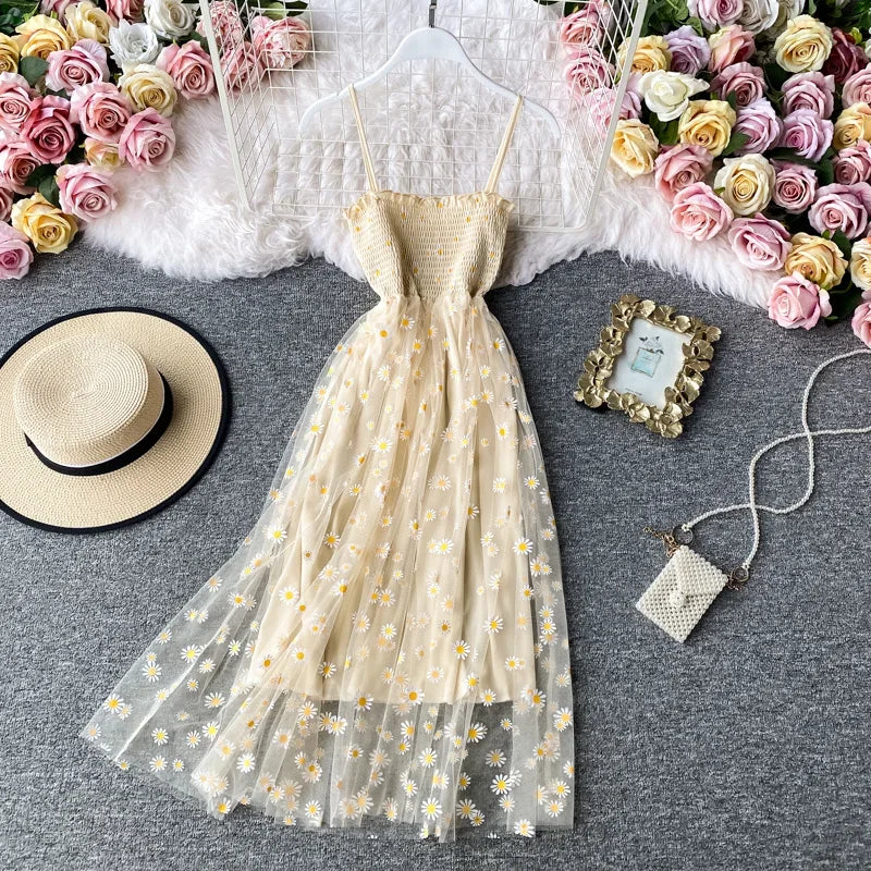 Women daisy Print Dresses Summer Sexy Lace Mesh Dress Spaghetti Strap Ruched Floral Vestidos Korean Style Long Dress - Seprincess