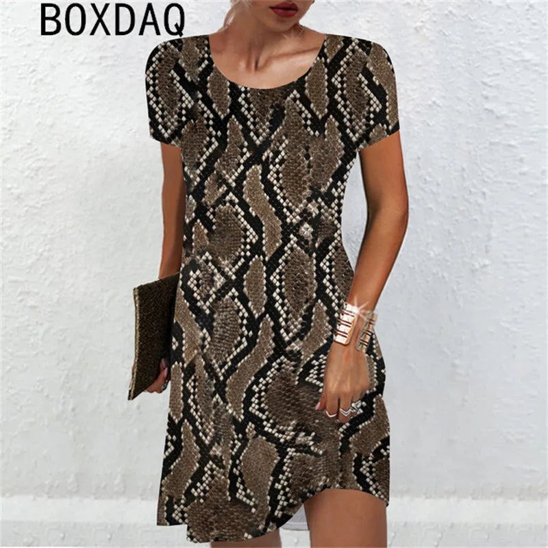 3D Sexy Snake Print Mini Dress Big Size Women Sexy Short Sleeve O-Neck Loose Dress Summer Beach Party Dress Sundress Vestidos - Seprincess