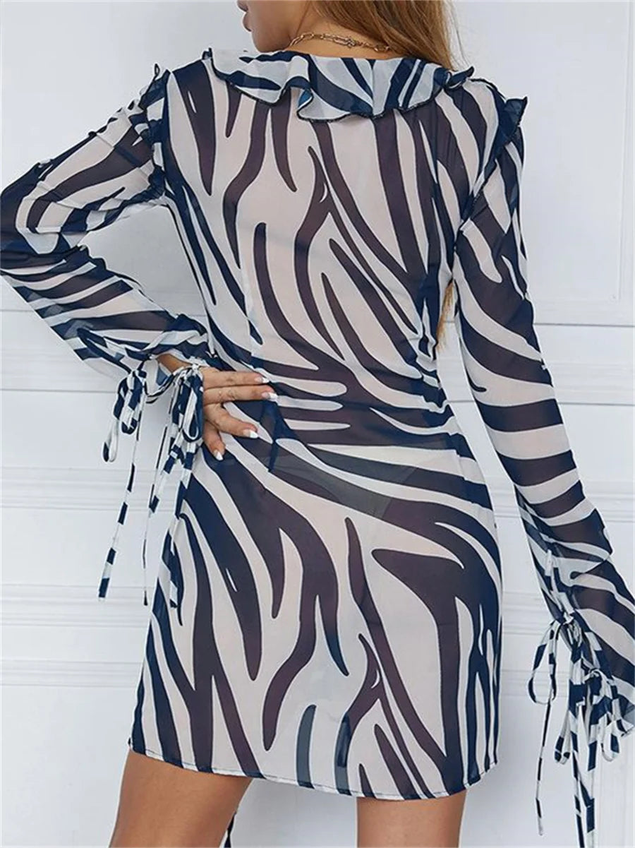 Zebra-Striped Long Sleeve Mini Beach Dress Holiday Casual Party Ruffle Collar Tie Up Short Dress Women Sexy A-Line Dress - Seprincess