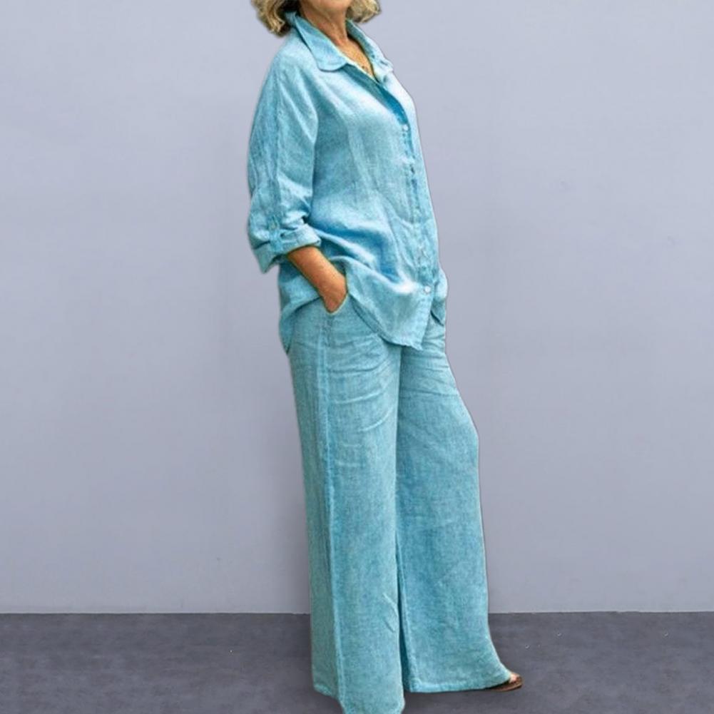 Women Cotton Linen Suits 2023 Elegant Solid Long Sleeve Shirt Wide Leg Trousers Two Piece Set Female Casual Straight Pants Suits - Seprincess