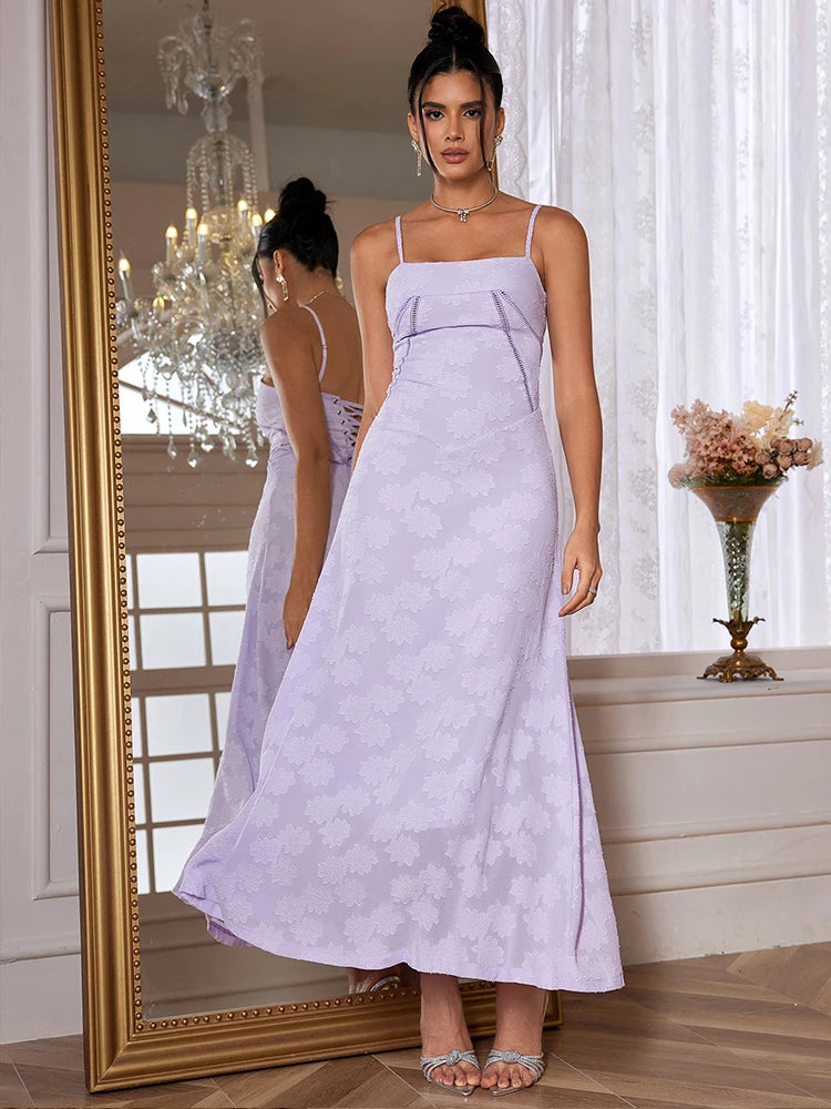 Suninheart New Summer Elegant Maxi Dress 2024 New Arrival Purple Spaghetti Strap Wedding Guest Dress Lace Up Party Dresses - Seprincess