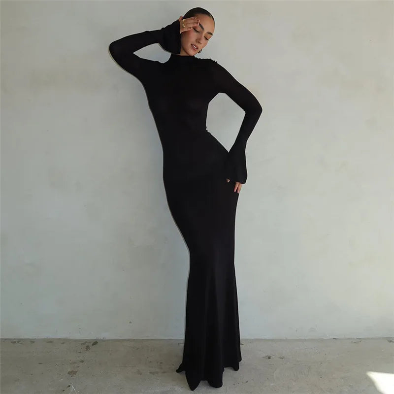 Autumn Winter Backless Sexy Party Club Black Bodycon Maxi Dresses Outfits for Women Long Sleeve Y2K Dress Vestido Streetwear New - Seprincess