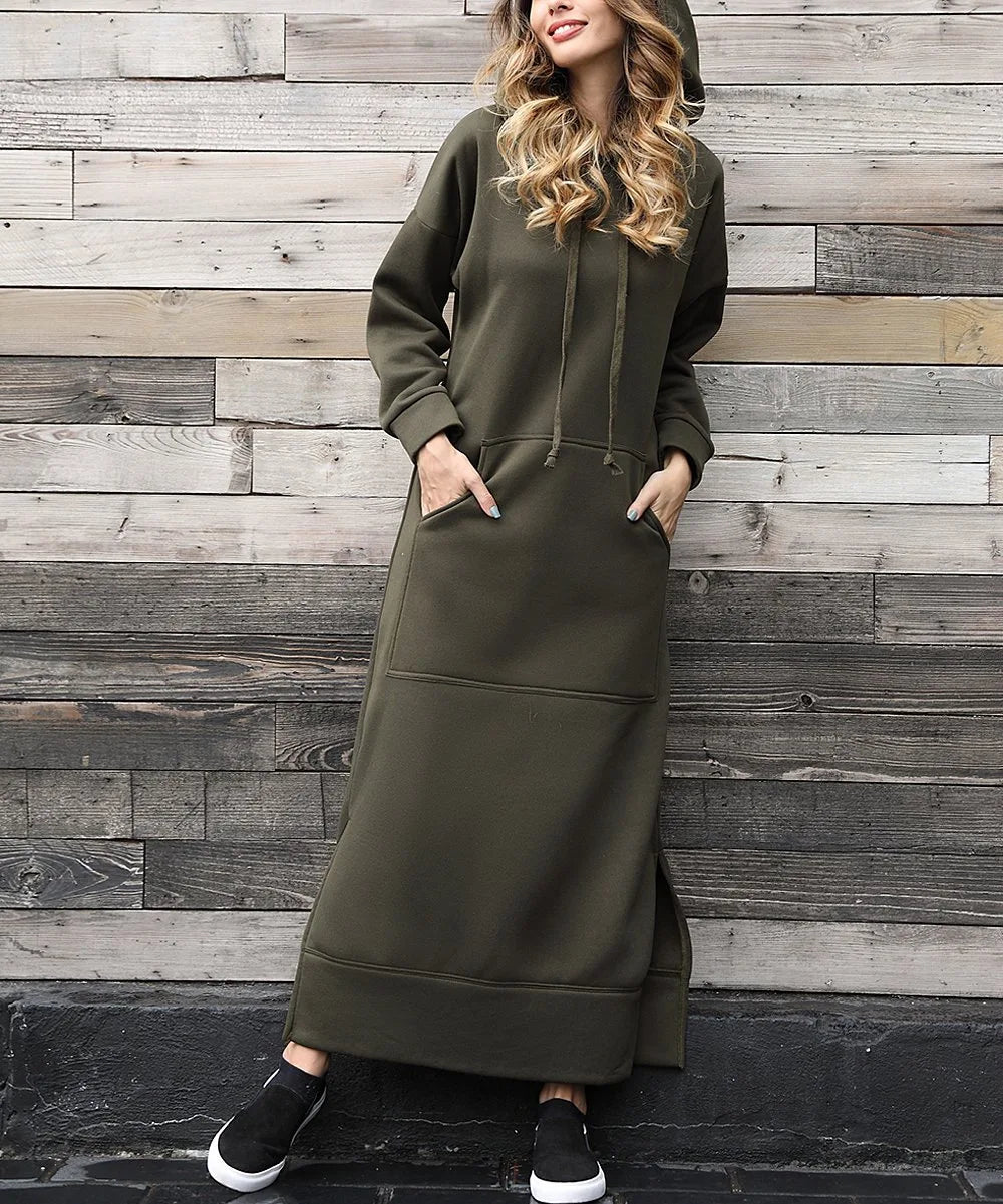 Women Dresses Autumn Winter hoodies Hooded Big Pocket Sweaters Dress Long Sleeved Casual Loose Elegant Office Lady Vestidos