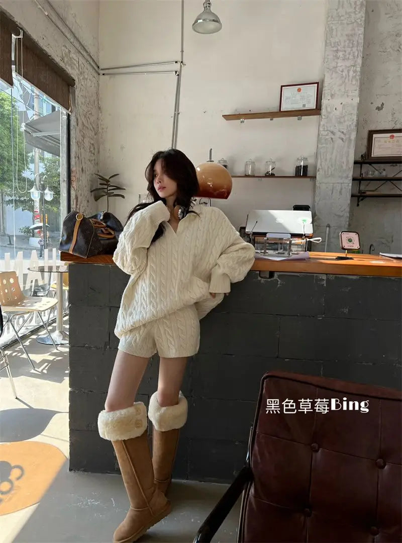 Korean Style Premium Knited Sweater Loose Casual Polo Neck Pullover Women Top Shorts Autumn WinterTwo Piece Set Women Outfits - Seprincess