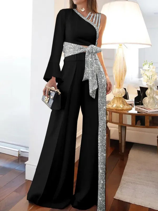 Elegant Two 2 Piece Sets Women Outfits Off-the-shoulder Sequin Tops and High-waisted Plus-size Wide-leg Pants Set Women's Set - Seprincess