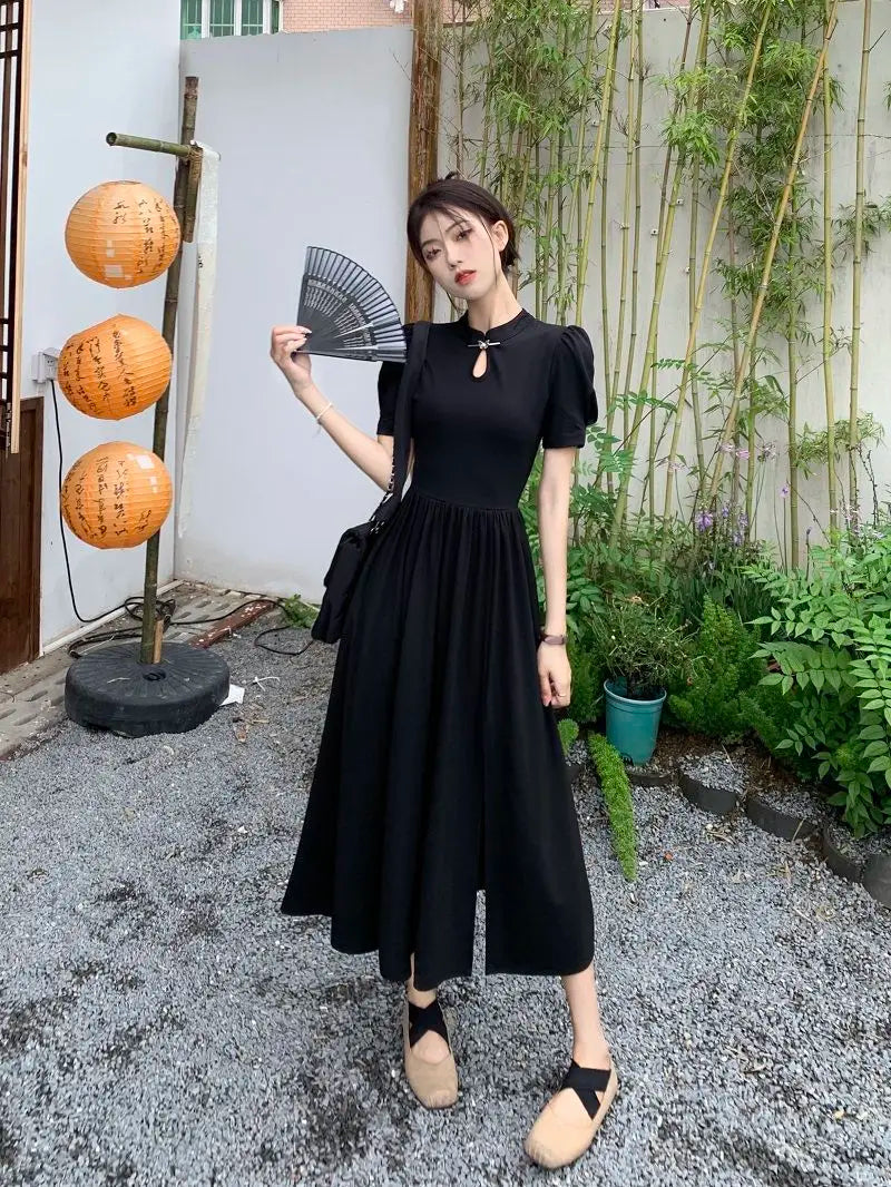 New Chinese Style Improved Cheongsam Dress New Summer Qipao Temperament Black Large Swing Split Midi Qi Pao Dress Woman - Seprincess