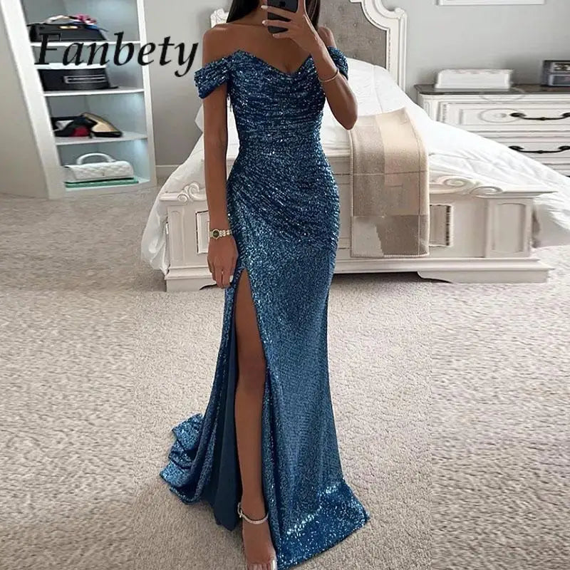 Women Elegant High Slit Cocktails Dress New Lady Party Banquet Slim Sequin Maxi Dress Sexy Slash Neck Glitter Floor-Length Dress - Seprincess