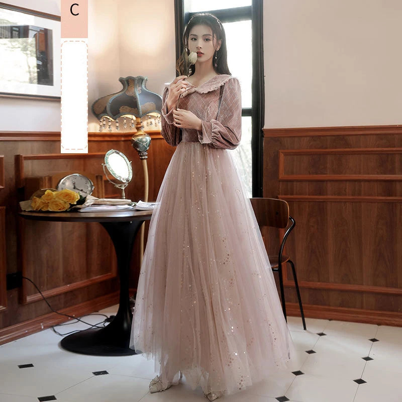 Autumn Winter Bridesmaid Dress New Women's Long Sleeve Corduroy Lace Splicing Style Dress Wedding Sisters Group Evening Dresses - Seprincess