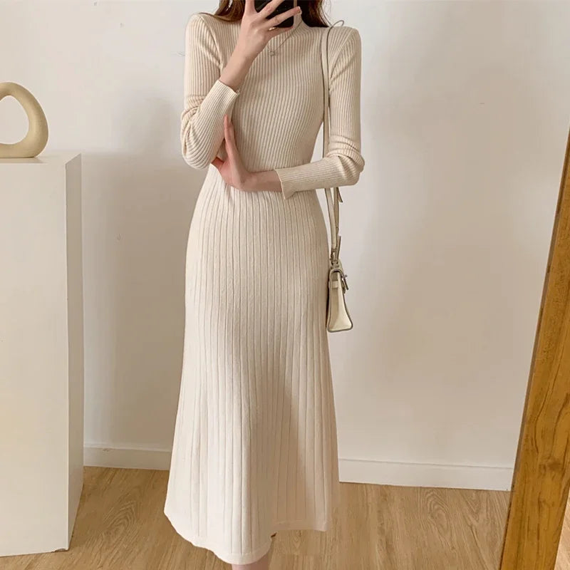 Autumn Winter 2024 Slim Long Sleeve Party Midi Dress for Women Knitted Half High Collar Elegant Knitted Sweater Dresses Ladies - Seprincess