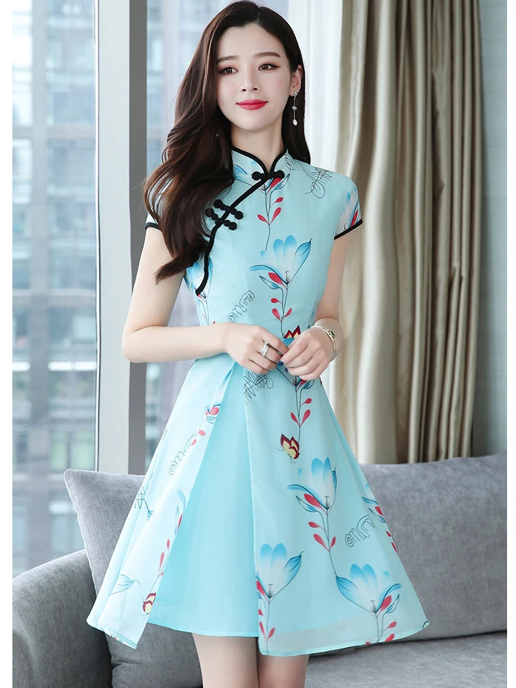 2023 Summer New Modern Improved Cheongsam Chiffon Printing Vintage Traditional Chinese Style Slim Qipao Dress - Seprincess