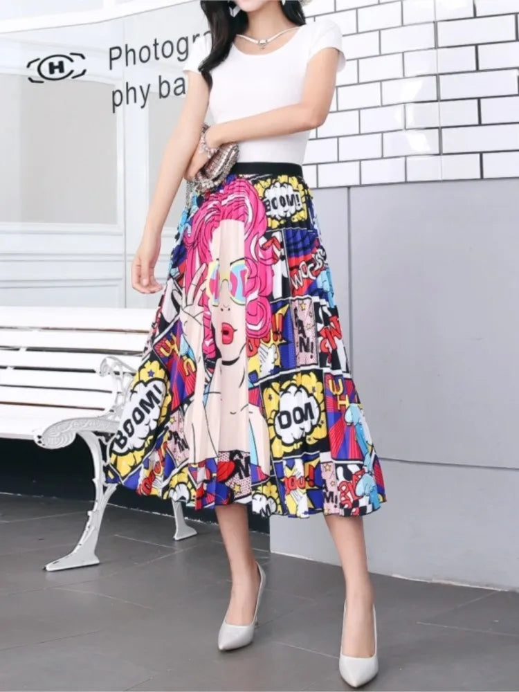 2024 Summer Women Cartoon Print Pleated Skirts A Line High Waisted Elastic Midi Long Skirt Ladies Party Korean Style Dresses - Seprincess