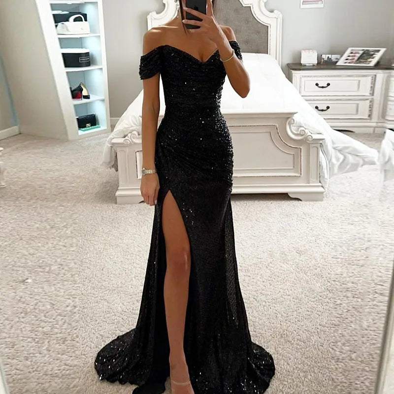 Women Elegant High Slit Cocktails Dress New Lady Party Banquet Slim Sequin Maxi Dress Sexy Slash Neck Glitter Floor-Length Dress - Seprincess