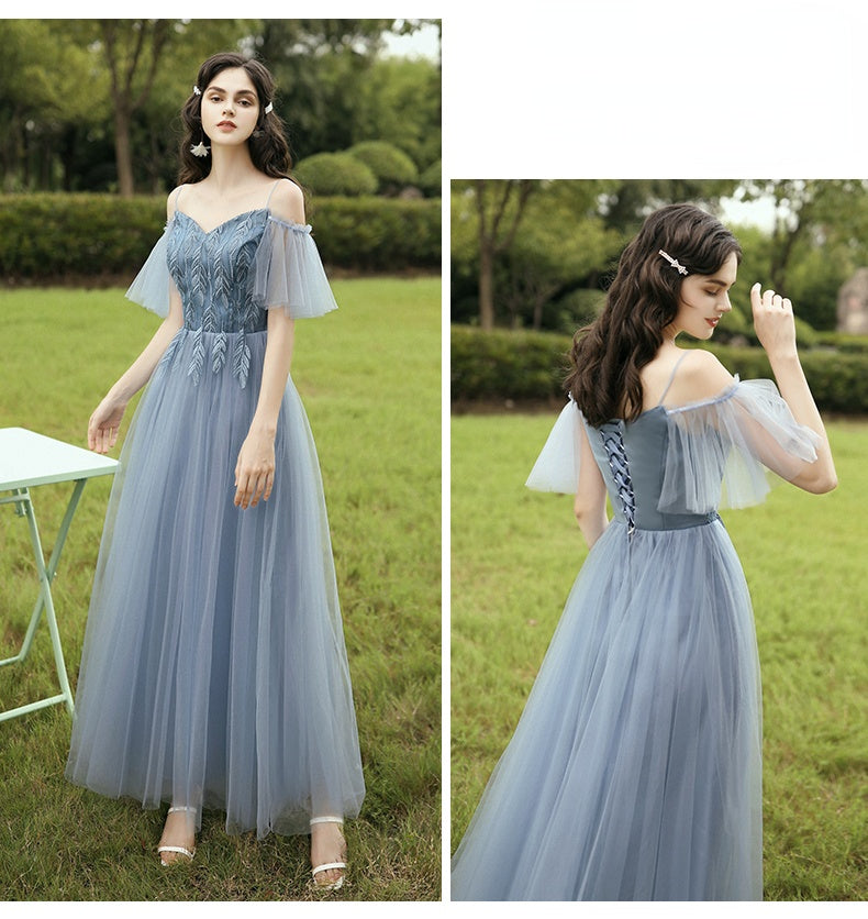 6 Styles Blue Long Bridesmaid Dresses Navy Coffee Prom Tulle Applique Lace Floor Length Gown Women Wedding Graduation Vestidos