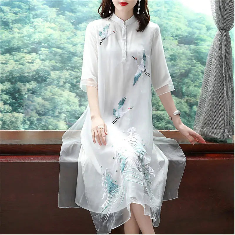 Chinese traditional chiffon cheongsam vestidso vintage embroidery evening party dress oriental loose half sleeve qiapo dress - Seprincess